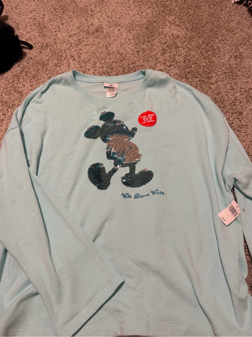 Disney Light Blue Long Sleeve Sequin Mickey Top